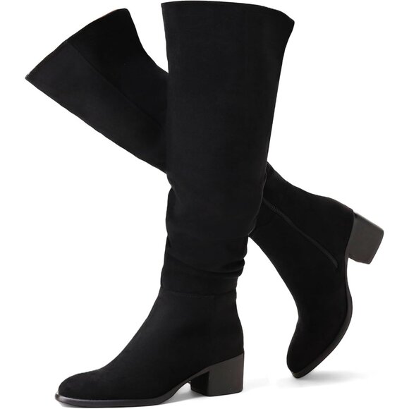 Women's Black Suede Over The Knee Thigh High Chunky Block Heel Pointed Toe Boots - Picture 1 of 7